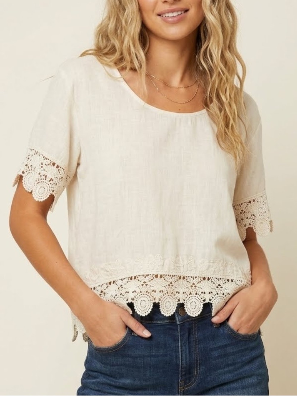 C&C CALIFORNIA White Linen Blend Crochet Trim Boho Crop Top XS